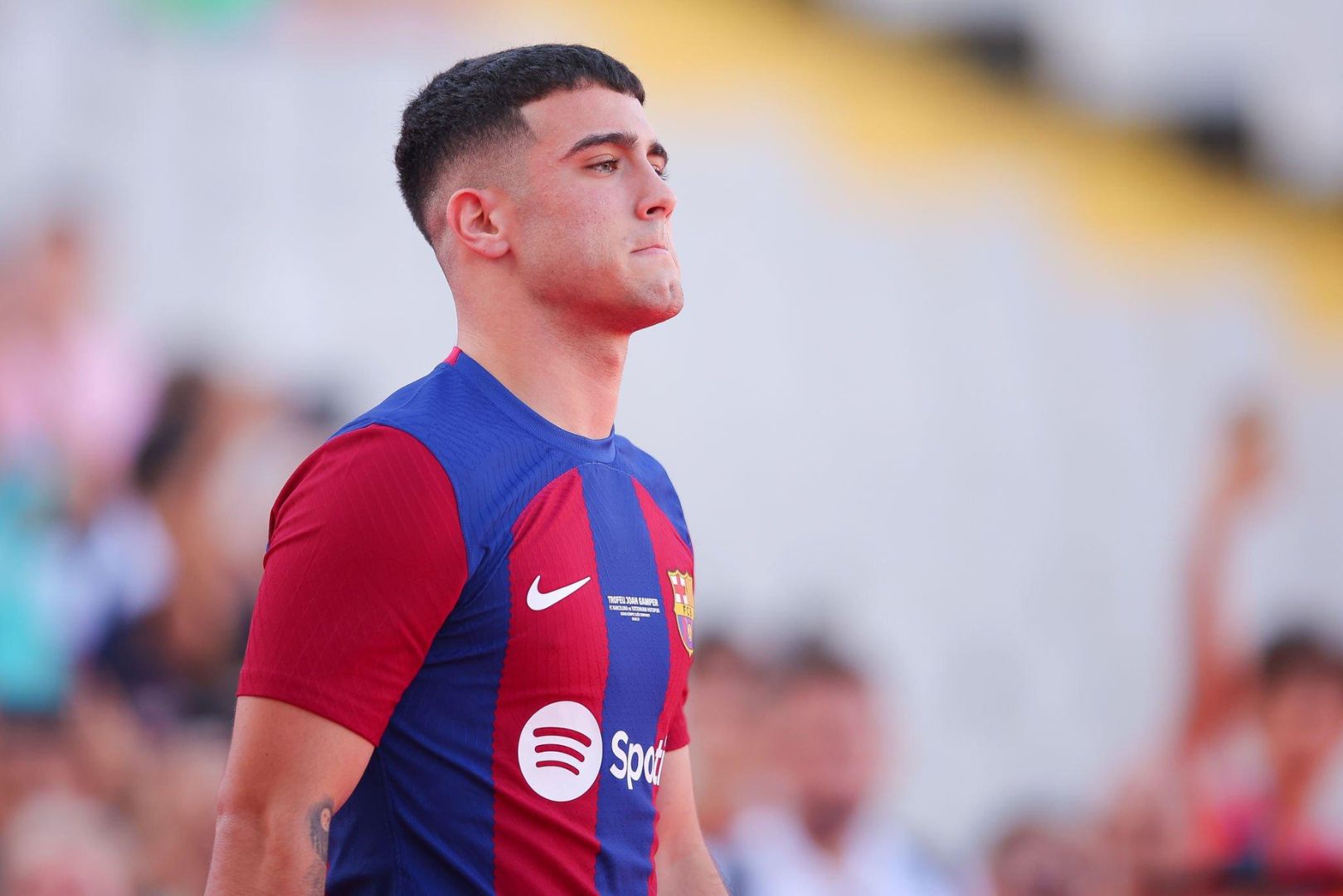 BARCELONA, SPAIN - AUGUST 08: Angel Alarcon of FC Barcelona waves the supporters during the presentation prior to the Joan Gamper Trophy match between FC Barcelona and Tottenham Hotspur at Estadi Olimpic Lluis Companys on August 08, 2023 in Barcelona, Spain.