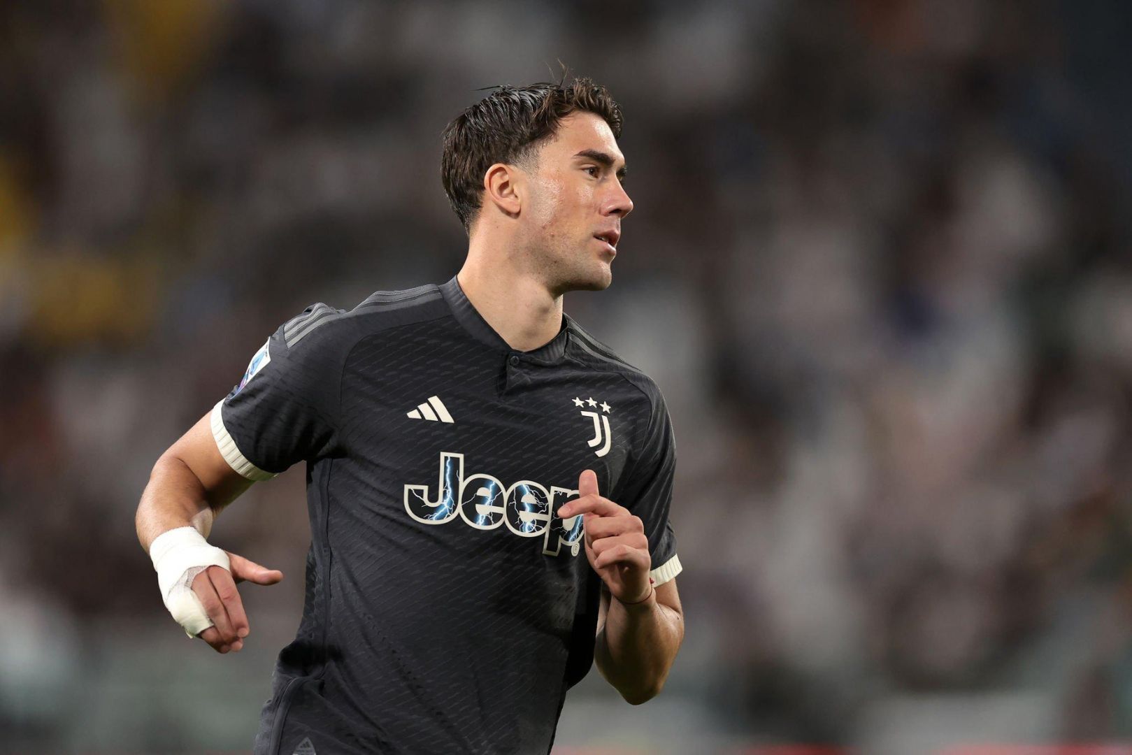 TURIN, ITALY - SEPTEMBER 26: Dusan Vlahovic of Juventus during the Serie A TIM match between Juventus and US Lecce at Allianz Stadium on September 26, 2023 in Turin, Italy.