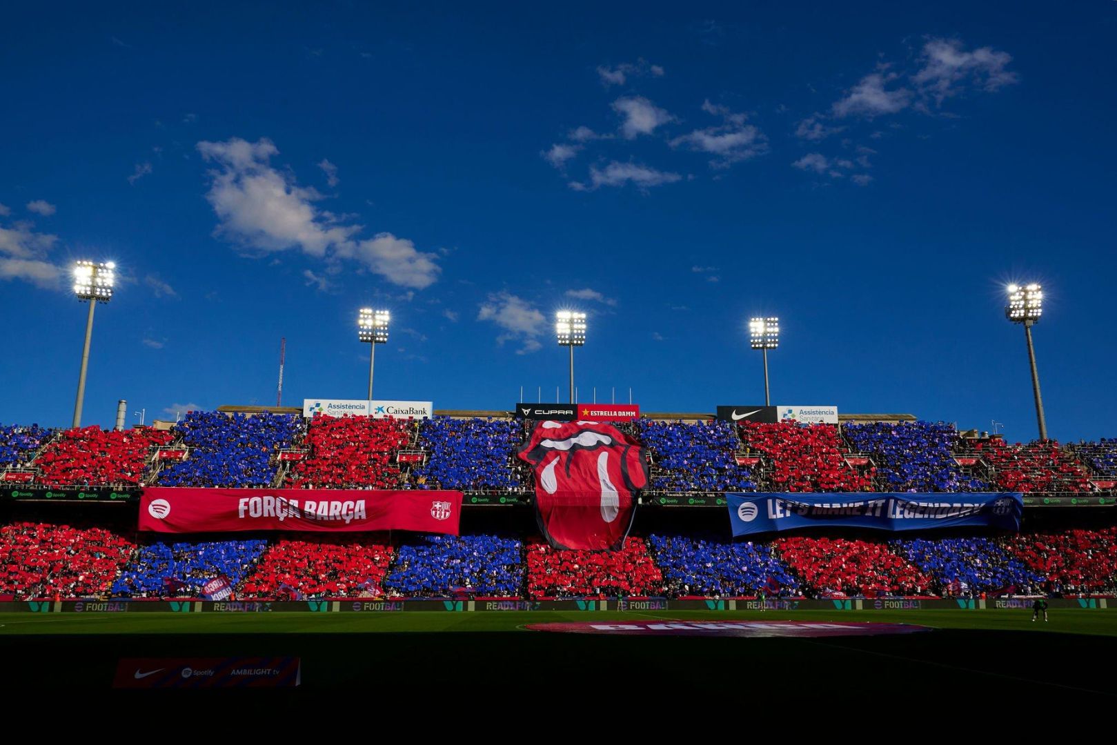 A general view inside the stadium as a banner of the Rolling Stones logo is displayed ahead the LaLiga EA Sports match between FC Barcelona and Real Madrid CF at Estadi Olimpic Lluis Companys on October 28, 2023 in Barcelona, Spain.