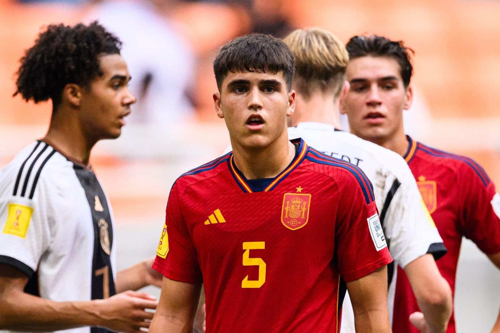JAKARTA, INDONESIA - NOVEMBER 24: Pau Cubarsi of Spain walks in the field during FIFA U-17 World Cup Quarterfinal match between Spain and Germany at Jakarta International Stadium on November 24, 2023 in Jakarta, Indonesia.