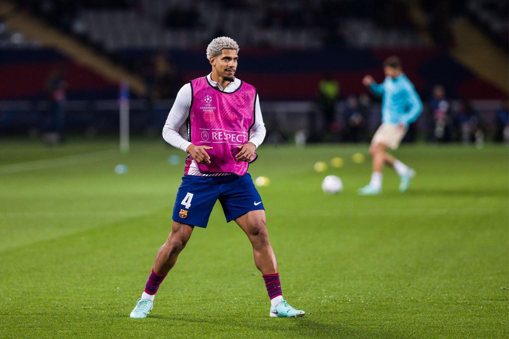 BARCELONA, SPAIN - NOVEMBER 28: Ronald Araujo of FC Barcelona warms up during the UEFA Champions League, Group H match played between FC Barcelona and FC Porto at Olimpic de Montjuic stadium on November 28, 2023 in Barcelona, Spain.