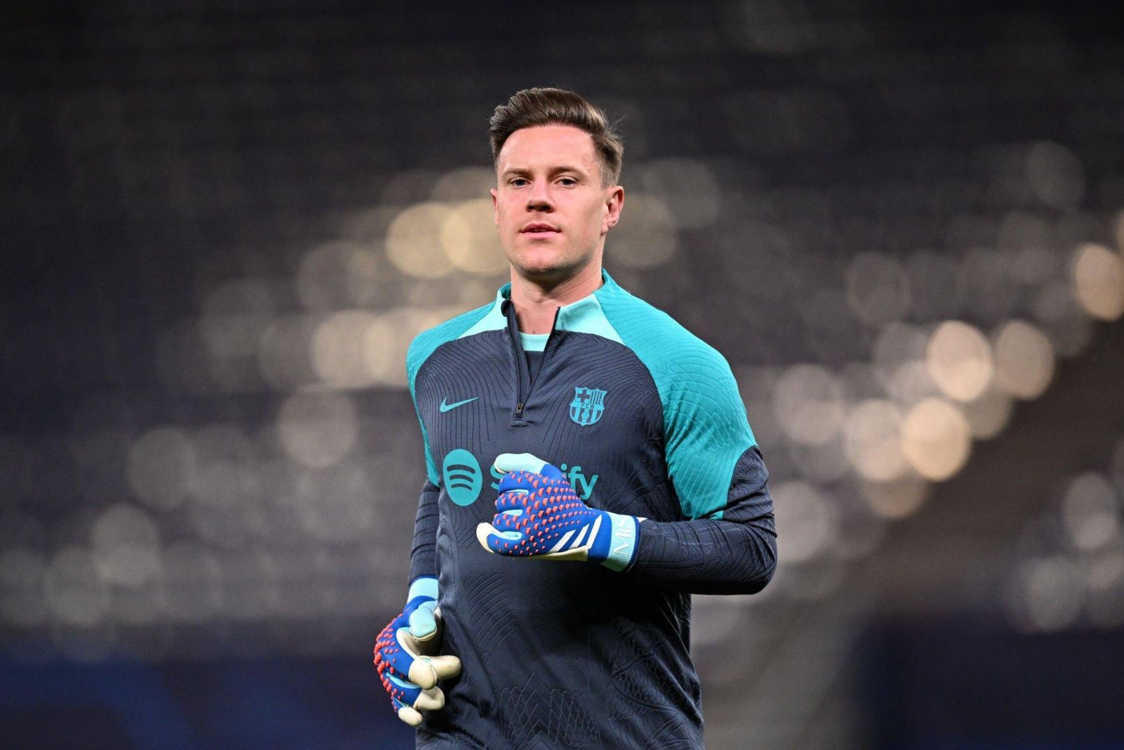 HAMBURG, GERMANY - NOVEMBER 06: Marc-André ter Stegen of FC Barcelona warms up during a traing session of FC Barcelona at Volksparkstadion on November 06, 2023 in Hamburg, Germany.