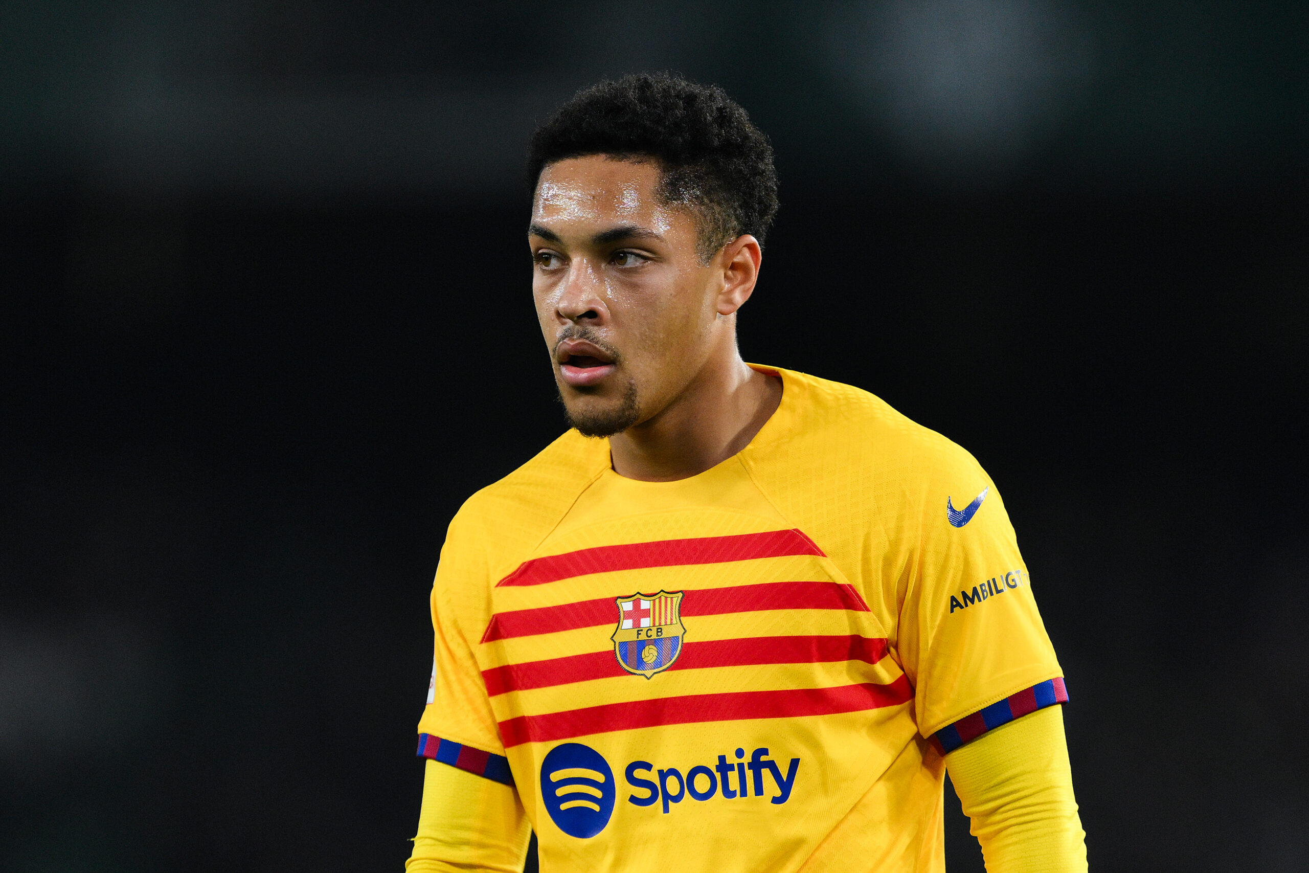 SEVILLE, SPAIN - JANUARY 21: Vitor Roque of FC Barcelona looks on during the LaLiga EA Sports match between Real Betis and FC Barcelona at Estadio Benito Villamarin on January 21, 2024 in Seville, Spain.