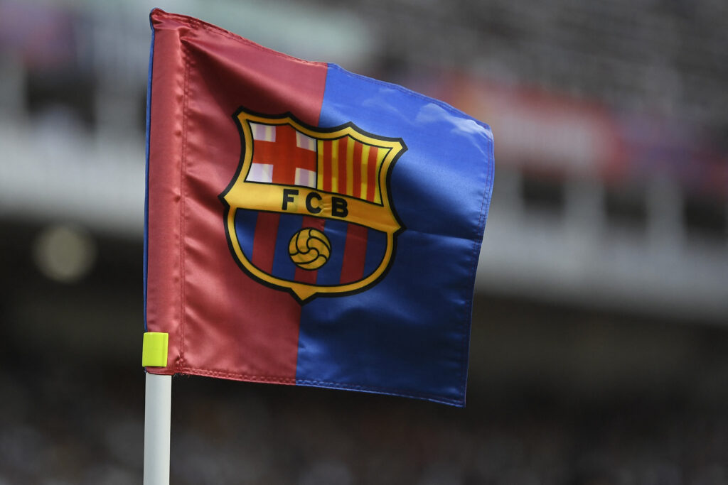 A corner flag with the badge of FC Barcelona flies during the 58th Joan Gamper Trophy football match between FC Barcelona and Tottenham Hotspur FC at the Estadi Olimpic Lluis Companys in Barcelona on August 8, 2023.
