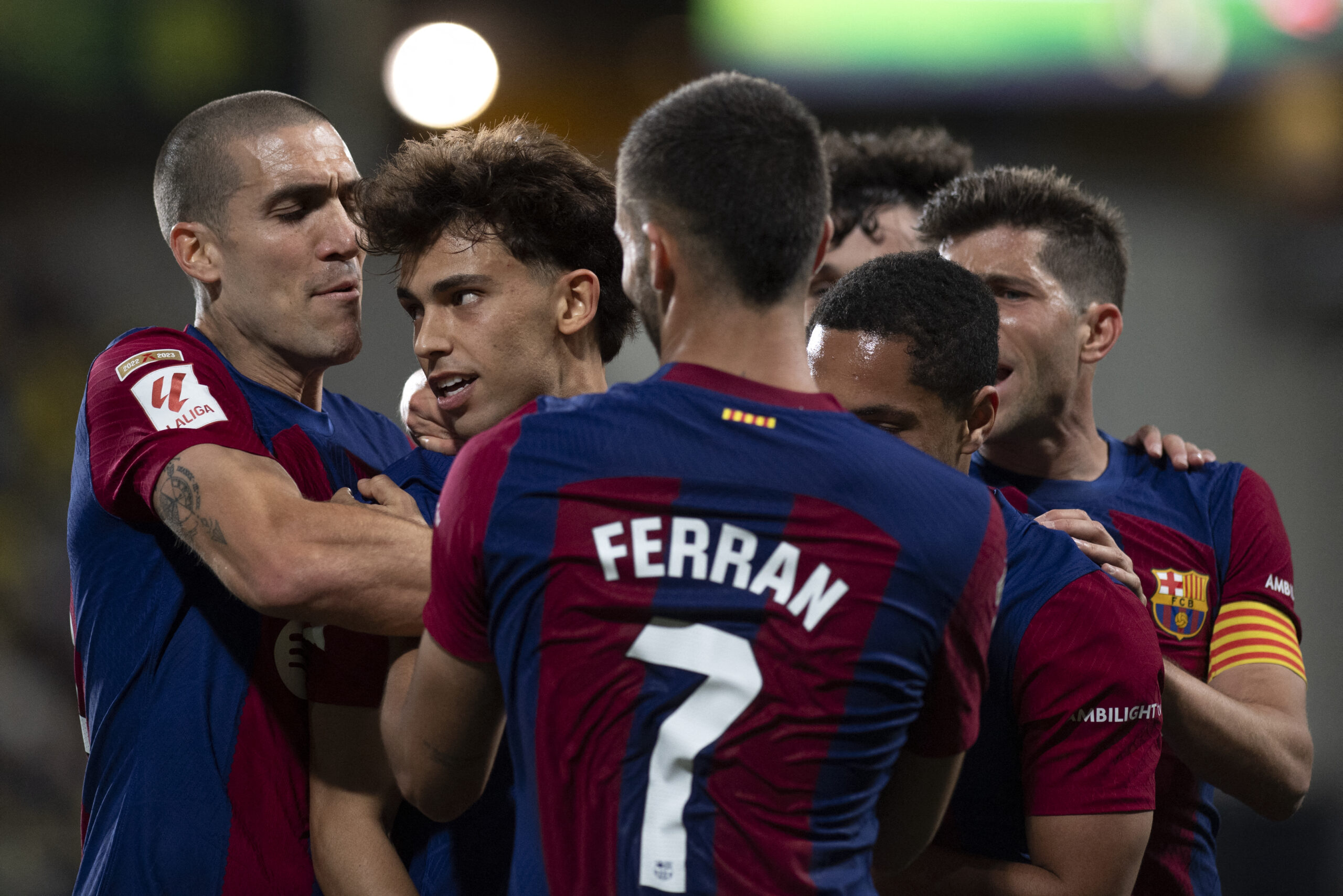 Barcelona's Portuguese forward #14 Joao Felix celebrates after scoring with teammates during the Spanish league football match between Cadiz CF and FC Barcelona at the Nuevo Mirandilla stadium in Cadiz on April 13, 2024.