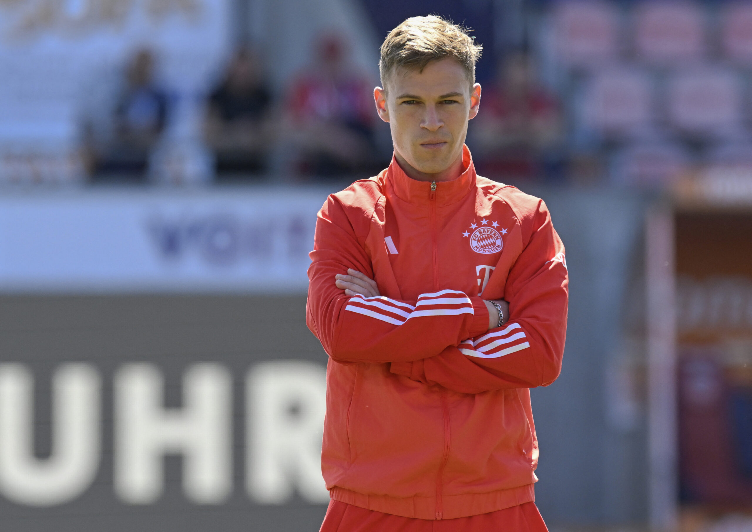 Bayern Munich's German midfielder #06 Joshua Kimmich is seen prior to the German first division Bundesliga football match 1 FC Heidenheim v FC Bayern Munich in Heidenheim, southernwestern Germany on April 6, 2024.
