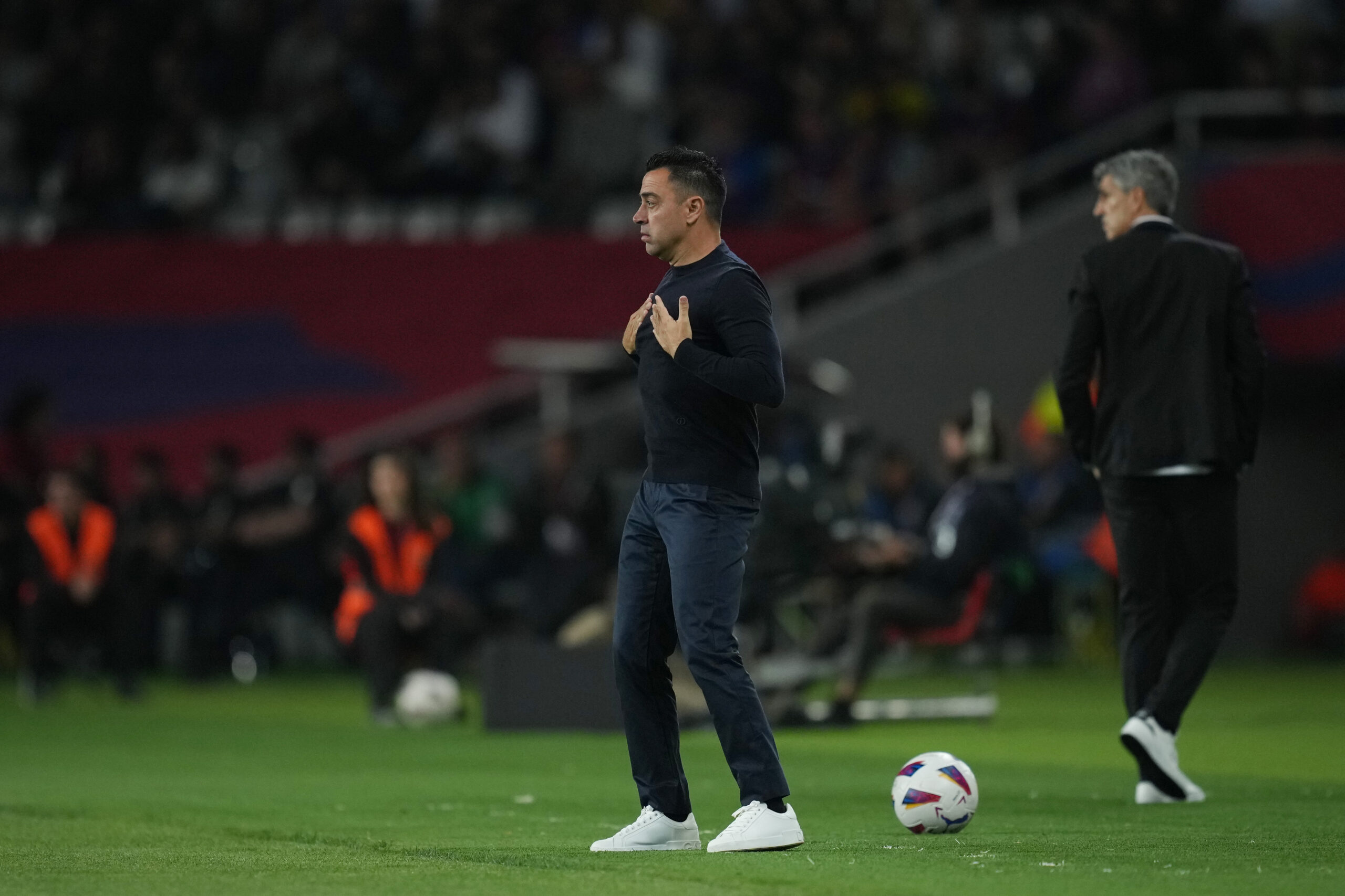 BARCELONA, SPAIN - MAY 13: Xavi, Head Coach of FC Barcelona, gestures during the LaLiga EA Sports match between FC Barcelona and Real Sociedad at Estadi Olimpic Lluis Companys on May 13, 2024 in Barcelona, Spain.