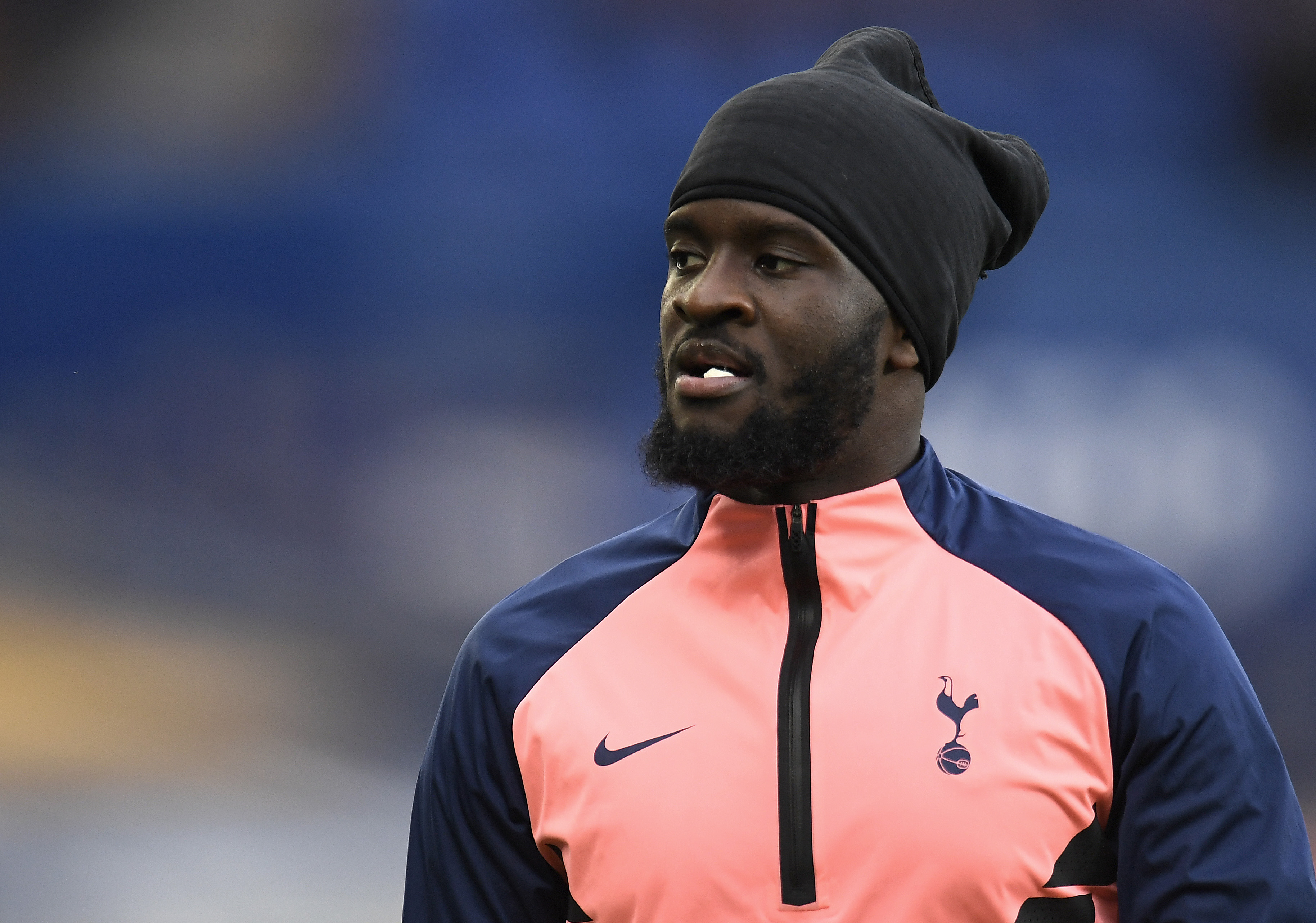 LIVERPOOL, ENGLAND - APRIL 16: Tanguy Ndombele of Tottenham Hotspur looks on as he warms up prior to the Premier League match between Everton and Tottenham Hotspur at Goodison Park on April 16, 2021 in Liverpool, England. Sporting stadiums around the UK remain under strict restrictions due to the Coronavirus Pandemic as Government social distancing laws prohibit fans inside venues resulting in games being played behind closed doors.