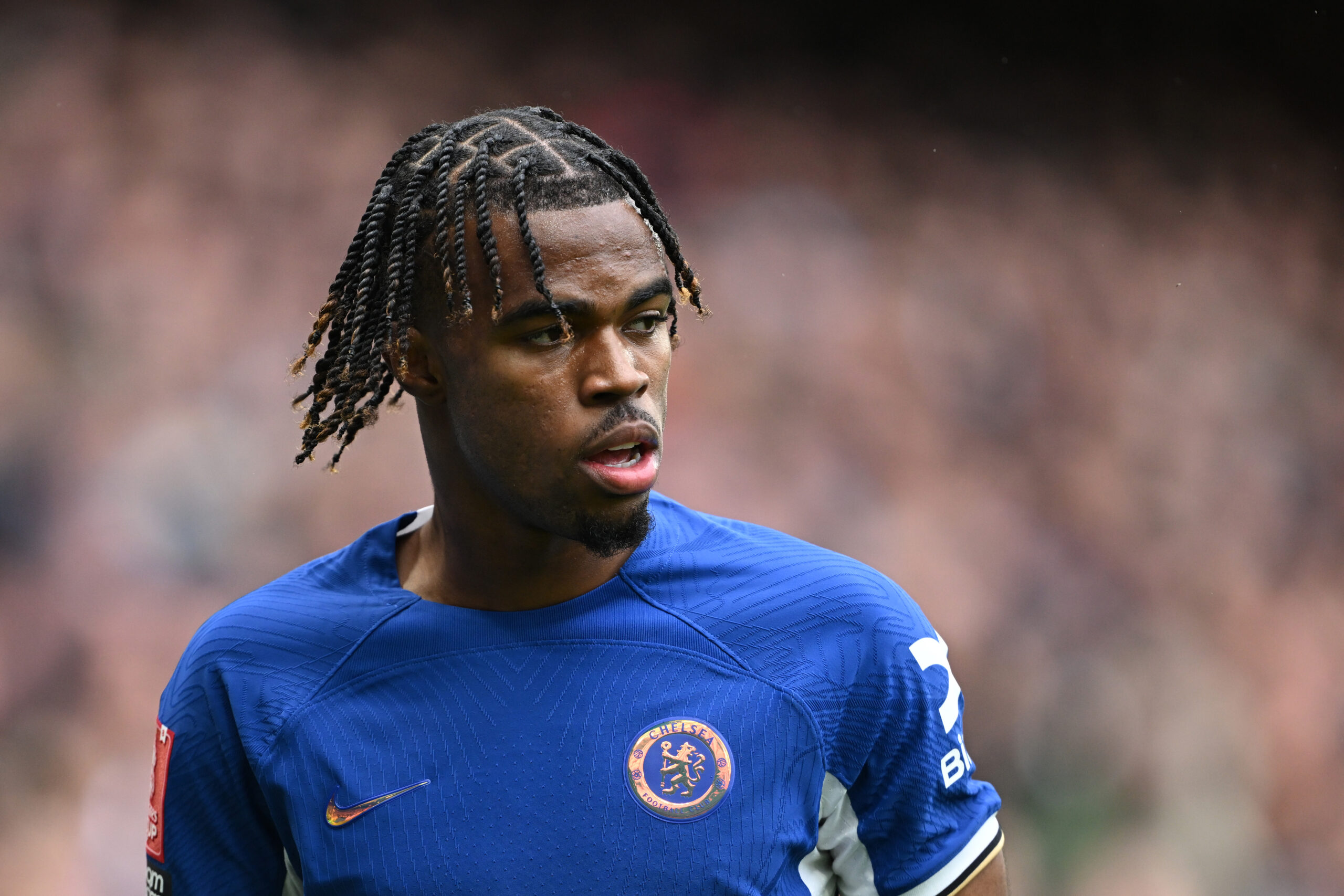 LONDON, ENGLAND - MARCH 17: Carney Chukwuemeka of Chelsea looks on during the Emirates FA Cup Quarter Final between Chelsea FC and Leicester City at Stamford Bridge on March 17, 2024 in London, England.