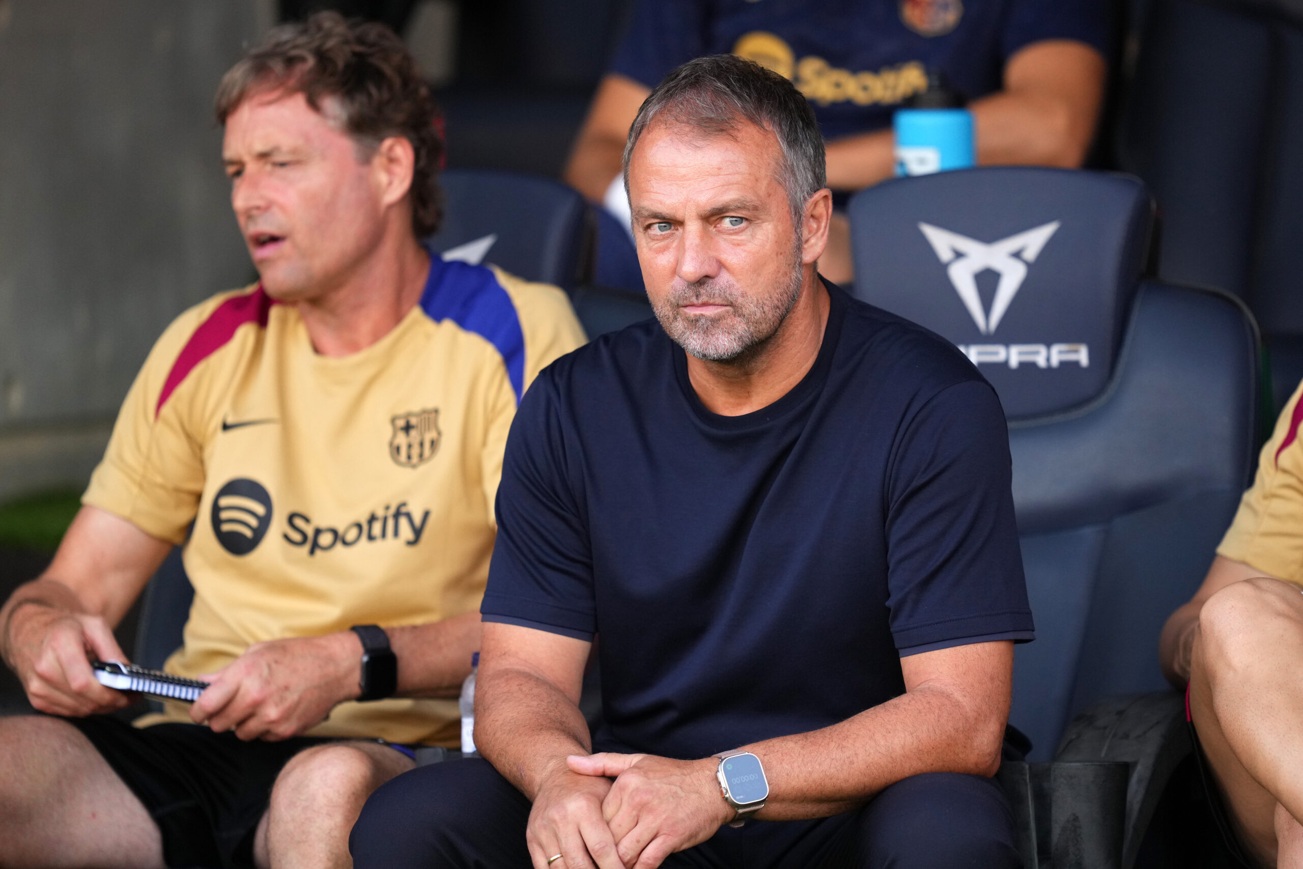 BARCELONA, SPAIN - AUGUST 24: Hansi Flick, Head Coach of FC Barcelona, looks on prior to the La Liga match between FC Barcelona and Athletic Club at Camp Nou on August 24, 2024 in Barcelona, Spain.