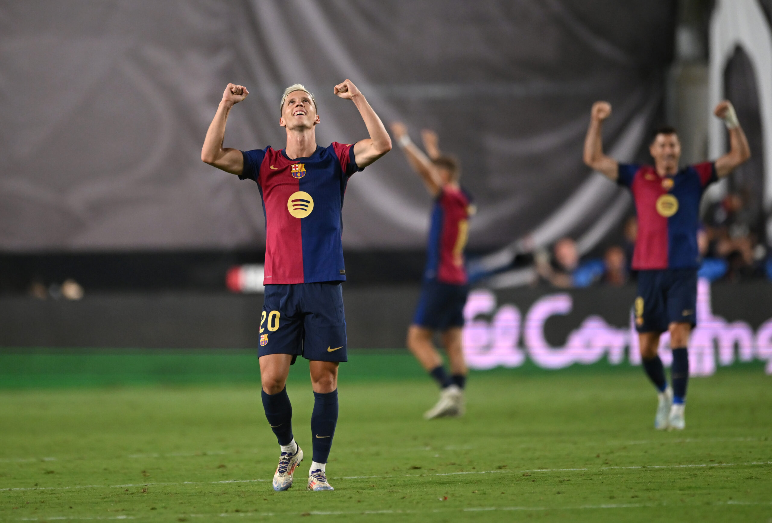 MADRID, SPAIN - AUGUST 27: Dani Olmo of FC Barcelona celebrates his sides win after the La Liga match between Rayo Vallecano and FC Barcelona at Estadio de Vallecas on August 27, 2024 in Madrid, Spain.