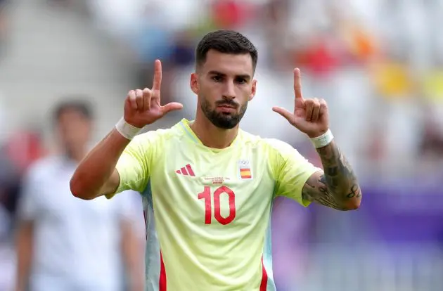 BORDEAUX, FRANCE - JULY 27: Alex Baena #10 of Team Spain celebrates scoring his team's second goal during the Men's group C match between Dominican Republic and Spain during the Olympic Games Paris 2024 at Nouveau Stade de Bordeaux on July 27, 2024 in Bordeaux, France.