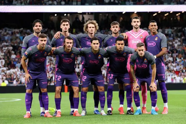 MADRID, SPAIN - SEPTEMBER 21: Leandro Cabrera, Marash Kumbulla, Alex Kral, Jofre Carreras, Joan Garcia, Walid Cheddira, Javi Puado, Carlos Romero, Alvaro Tejero, Omar El Hilali and Pol Lozano of RCD Espanyol pose for a photo on the pitch prior to the LaLiga match between Real Madrid CF and RCD Espanyol de Barcelona at Estadio Santiago Bernabeu on September 21, 2024 in Madrid, Spain. (