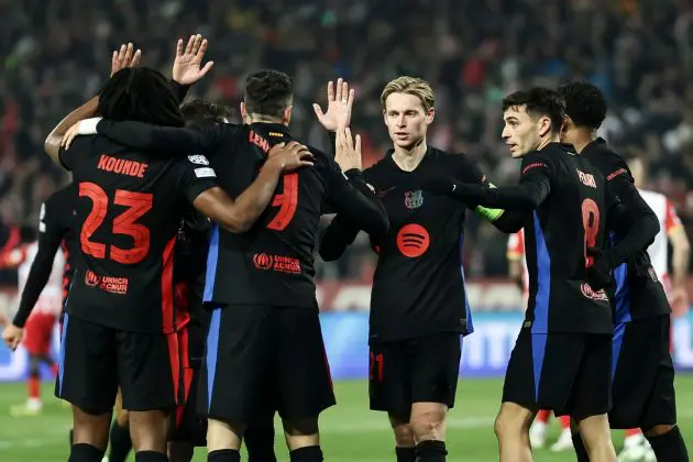 BELGRADE, SERBIA - NOVEMBER 6: Robert Lewandowski (C) of Barcelona celebrates after scoring a goal with Frenkie de Jong (R) and Jules Kounde (L) during the UEFA Champions League 2024/25 League Phase MD4 match between FK Crvena Zvezda and FC Barcelona at Stadium Rajko Mitic on November 6, 2024 in Belgrade, Serbia.