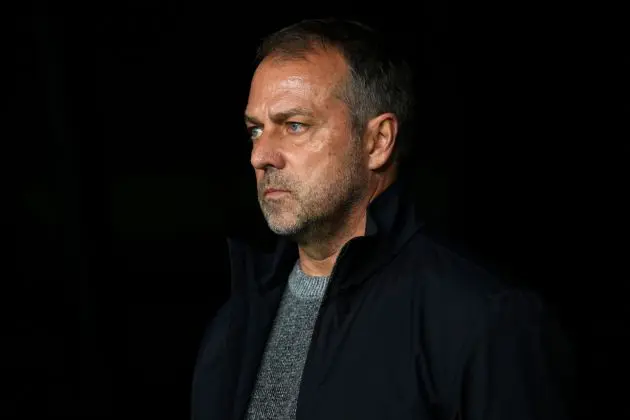 BARCELONA, SPAIN - NOVEMBER 26: Hansi Flick, Head Coach of FC Barcelona, looks on prior to the UEFA Champions League 2024/25 League Phase MD5 match between FC Barcelona and Stade Brestois 29 at Estadi Olimpic Lluis Companys on November 26, 2024 in Barcelona, Spain.