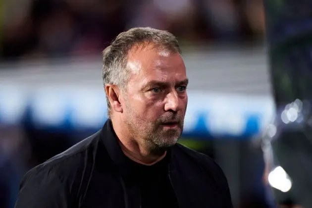 SAN SEBASTIAN, SPAIN - NOVEMBER 10: Head coach Hansi Flick of FC Barcelona looks on prior to the LaLiga match between Real Sociedad and FC Barcelona at Reale Arena on November 10, 2024 in San Sebastian, Spain.