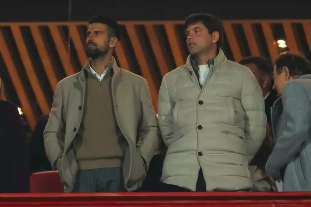 BELGRADE, SERBIA - NOVEMBER 6: Tennis players Novak Djokovic (L) and Filip Krajinovic (R) of Serbia attend the UEFA Champions League 2024/25 League Phase MD4 match between FK Crvena Zvezda and FC Barcelona at Stadium Rajko Mitic on November 6, 2024 in Belgrade, Serbia.