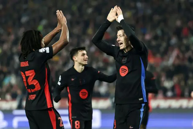 BELGRADE, SERBIA - NOVEMBER 6: Robert Lewandowski (R) of Barcelona celebrates after scoring a goal with Jules Kounde (L) during the UEFA Champions League 2024/25 League Phase MD4 match between FK Crvena Zvezda and FC Barcelona at Stadium Rajko Mitic on November 6, 2024 in Belgrade, Serbia.