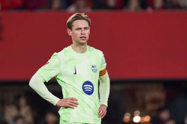 MALLORCA, SPAIN - DECEMBER 03: Frenkie de Jong of FC Barcelona looks on during the LaLiga match between RCD Mallorca and FC Barcelona at Estadi de Son Moix on December 03, 2024 in Mallorca, Spain.