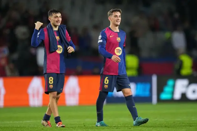 BARCELONA, SPAIN - NOVEMBER 26: Pedri and Gavi of FC Barcelona smile following the UEFA Champions League 2024/25 League Phase MD5 match between FC Barcelona and Stade Brestois 29 at Estadi Olimpic Lluis Companys on November 26, 2024 in Barcelona, Spain.
