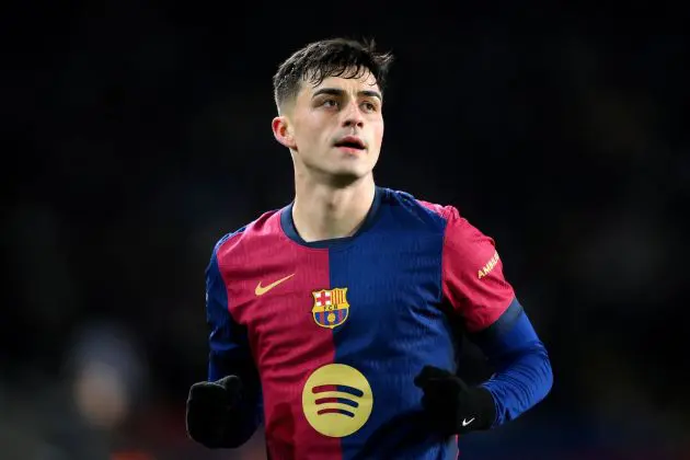 BARCELONA, SPAIN - DECEMBER 21: Pedri of FC Barcelona looks on after scoring his team's first goal during the LaLiga match between FC Barcelona and Atletico de Madrid at Estadi Olimpic Lluis Companys on December 21, 2024 in Barcelona, Spain.
