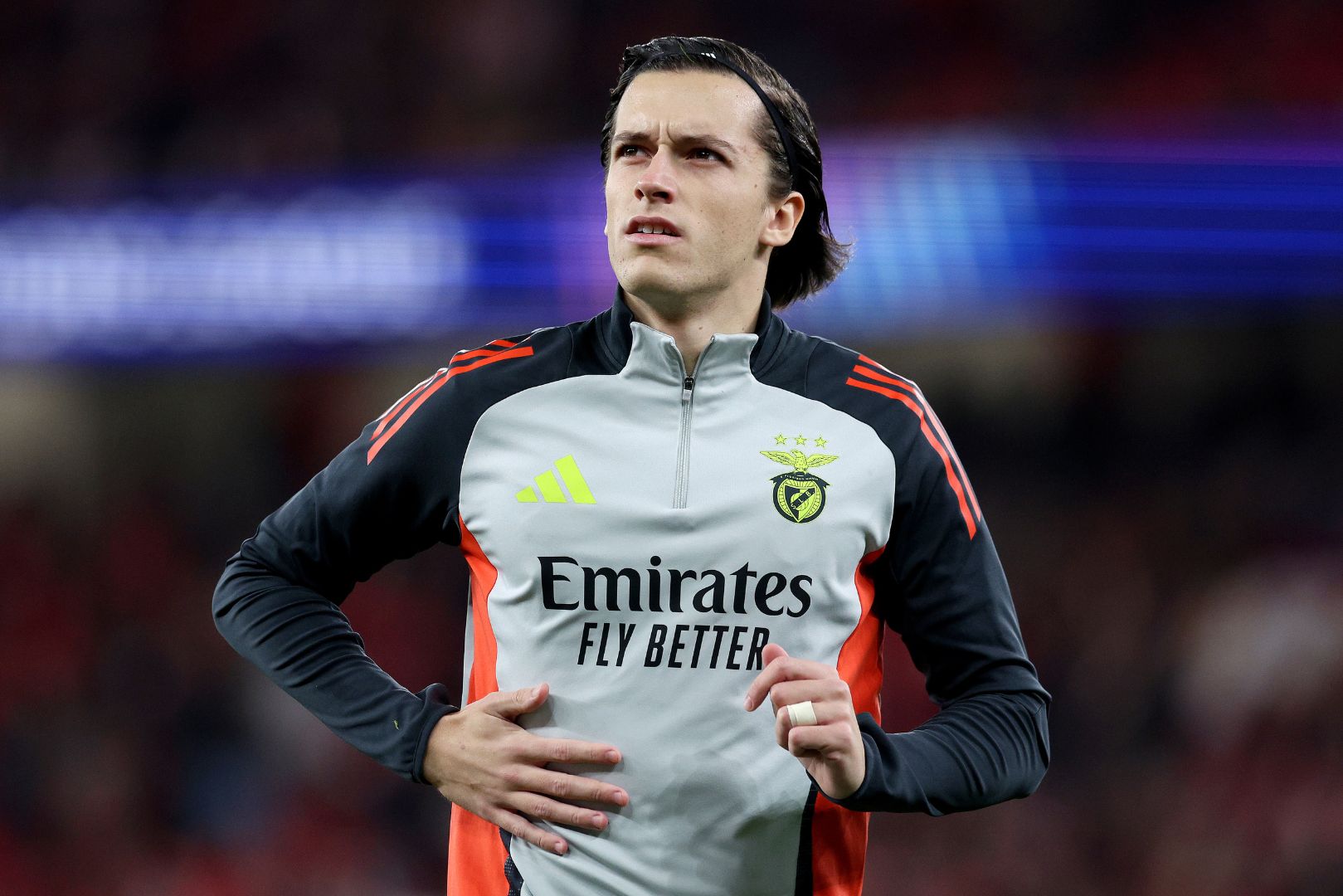 LISBON, PORTUGAL - JANUARY 21: Alvaro Carreras of S.L Benfica warms up prior to the UEFA Champions League 2024/25 League Phase MD7 match between SL Benfica and FC Barcelona at Estadio do SL Benfica on January 21, 2025 in Lisbon, Portugal.