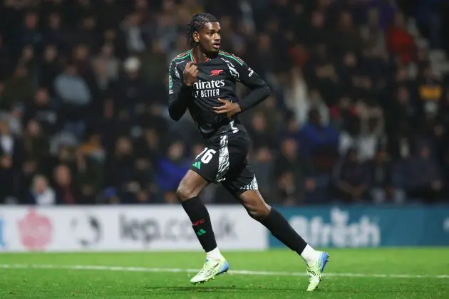 PRESTON, ENGLAND - OCTOBER 30: Ayden Heaven of Arsenal looks on during the Carabao Cup Fourth Round match between Preston North End and Arsenal at Deepdale on October 30, 2024 in Preston, England.
