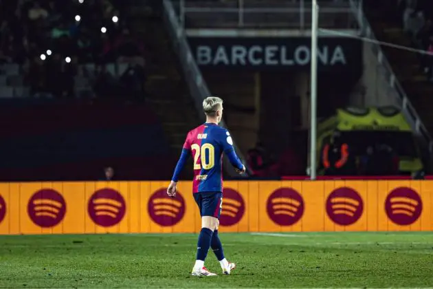 BARCELONA, SPAIN - JANUARY 15: Dani Olmo of FC Barcelona in action during the Copa del Rey Round of 16 match between FC Barcelona and Real Betis at Estadi Olimpic Lluis Companys on January 15, 2025 in Barcelona, Spain.