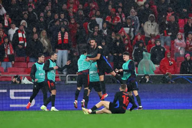 LISBON, PORTUGAL - JANUARY 21: Eric Garcia of FC Barcelona celebrates scoring his team's fourth goal with teammates during the UEFA Champions League 2024/25 League Phase MD7 match between SL Benfica and FC Barcelona at Estadio do SL Benfica on January 21, 2025 in Lisbon, Portugal.