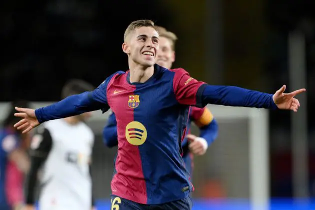 BARCELONA, SPAIN - JANUARY 26: Fermin Lopez of FC Barcelona celebrates scoring his team's fourth goal during the LaLiga match between FC Barcelona and Valencia CF at Estadi Olimpic Lluis Companys on January 26, 2025 in Barcelona, Spain.