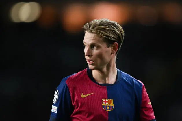 BARCELONA, SPAIN - JANUARY 29: Frenkie De Jong of FC Barcelona looks on during the UEFA Champions League 2024/25 League Phase MD8 match between FC Barcelona and Atalanta BC at Estadi Olimpic Lluis Companys on January 29, 2025 in Barcelona, Spain.