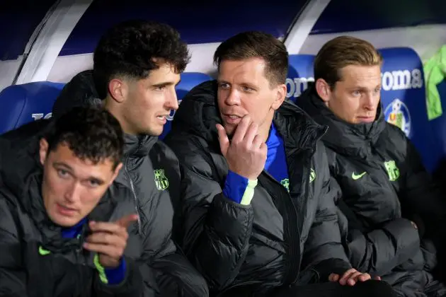 GETAFE, SPAIN - JANUARY 18: Wojciech Szczesny of FC Barcelona interacts with teammates on the substitutes bench prior to the LaLiga match between Getafe CF and FC Barcelona at Coliseum Alfonso Perez on January 18, 2025 in Getafe, Spain.