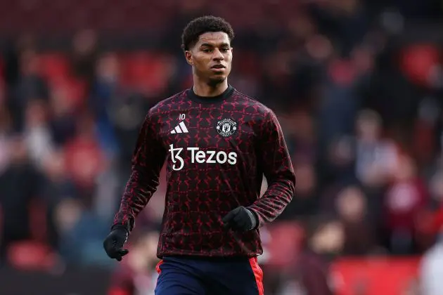 MANCHESTER, ENGLAND - DECEMBER 01: Marcus Rashford of Manchester United warms up prior to the Premier League match between Manchester United FC and Everton FC at Old Trafford on December 01, 2024 in Manchester, England.