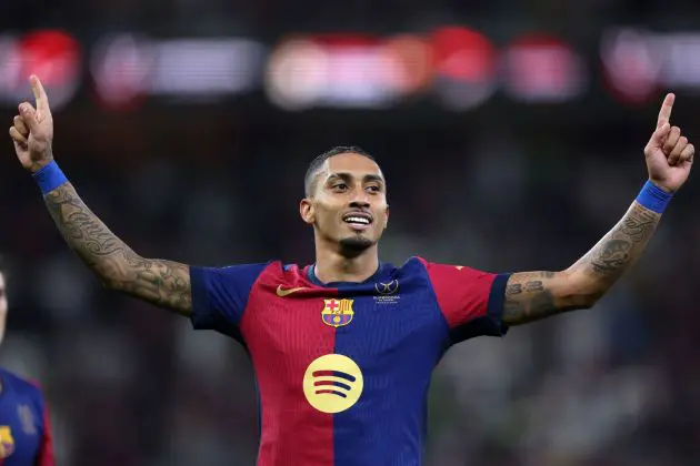 JEDDAH, SAUDI ARABIA - JANUARY 12: Raphinha of FC Barcelona celebrates scoring his team's fifth goal during the Spanish Super Cup Final between Real Madrid and FC Barcelona at King Abdullah Sports City on January 12, 2025 in Jeddah, Saudi Arabia.