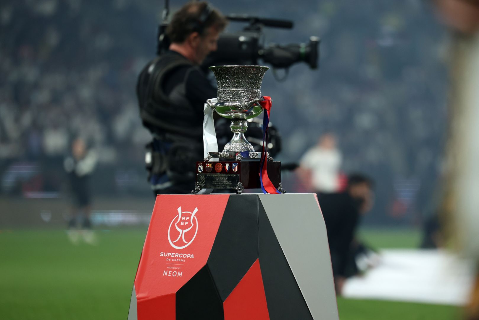 RIYADH, SAUDI ARABIA - JANUARY 14: A shot of the Supercopa de Espana trophy prior to the Super Copa de España Final match between Real Madrid and FC Barcelona on January 14, 2024 in Riyadh, Saudi Arabia.
