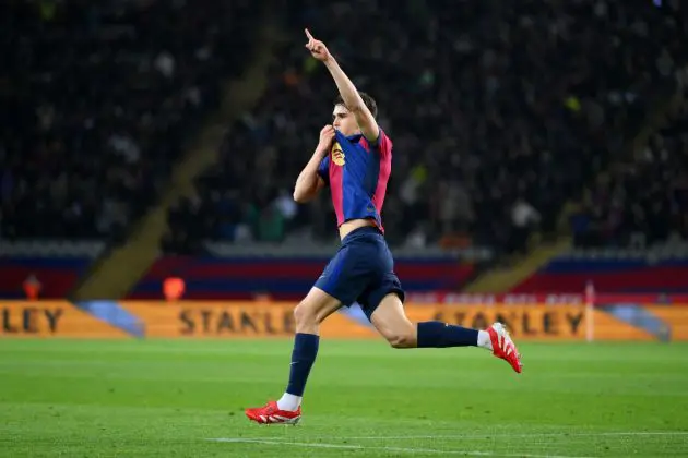 BARCELONA, SPAIN - FEBRUARY 25: Pau Cubarsi of FC Barcelona celebrates scoring his team's second goal during the Copa del Rey Semi Final match between FC Barcelona and Atletico de Madrid at Estadi Olimpic Lluis Companys on February 25, 2025 in Barcelona, Spain.