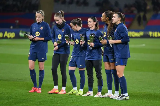BARCELONA, SPAIN - DECEMBER 18: (L-R) Irene Paredes, Caroline Graham Hansen, Ona Batlle, Salma Paralluelo, Patri Guijarro and Aitana Bonmati of FC Barcelona pose for a photo whilst holding their The Best FIFA Women's 11 Award trophies prior to the UEFA Women's Champions League match between FC Barcelona and Manchester City at Estadi Johan Cruyff on December 18, 2024 in Barcelona, Spain.