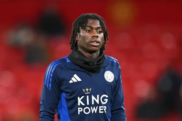 MANCHESTER, ENGLAND - FEBRUARY 07: Jeremy Monga of Leicester City warms up prior to the Emirates FA Cup Fourth Round match between Manchester United and Leicester City at Old Trafford on February 07, 2025 in Manchester, England.