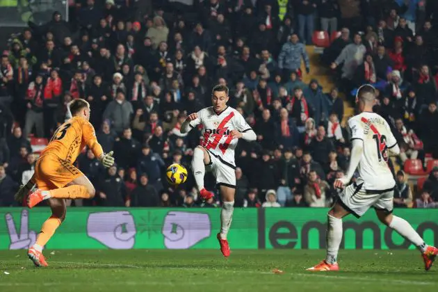 MADRID, SPAIN - FEBRUARY 07: Karl Hein of Real Valladolid CF saves a shot from Jorge De Frutos of Rayo Vallecano during the LaLiga match between Rayo Vallecano and Real Valladolid CF at Estadio de Vallecas on February 07, 2025 in Madrid, Spain.