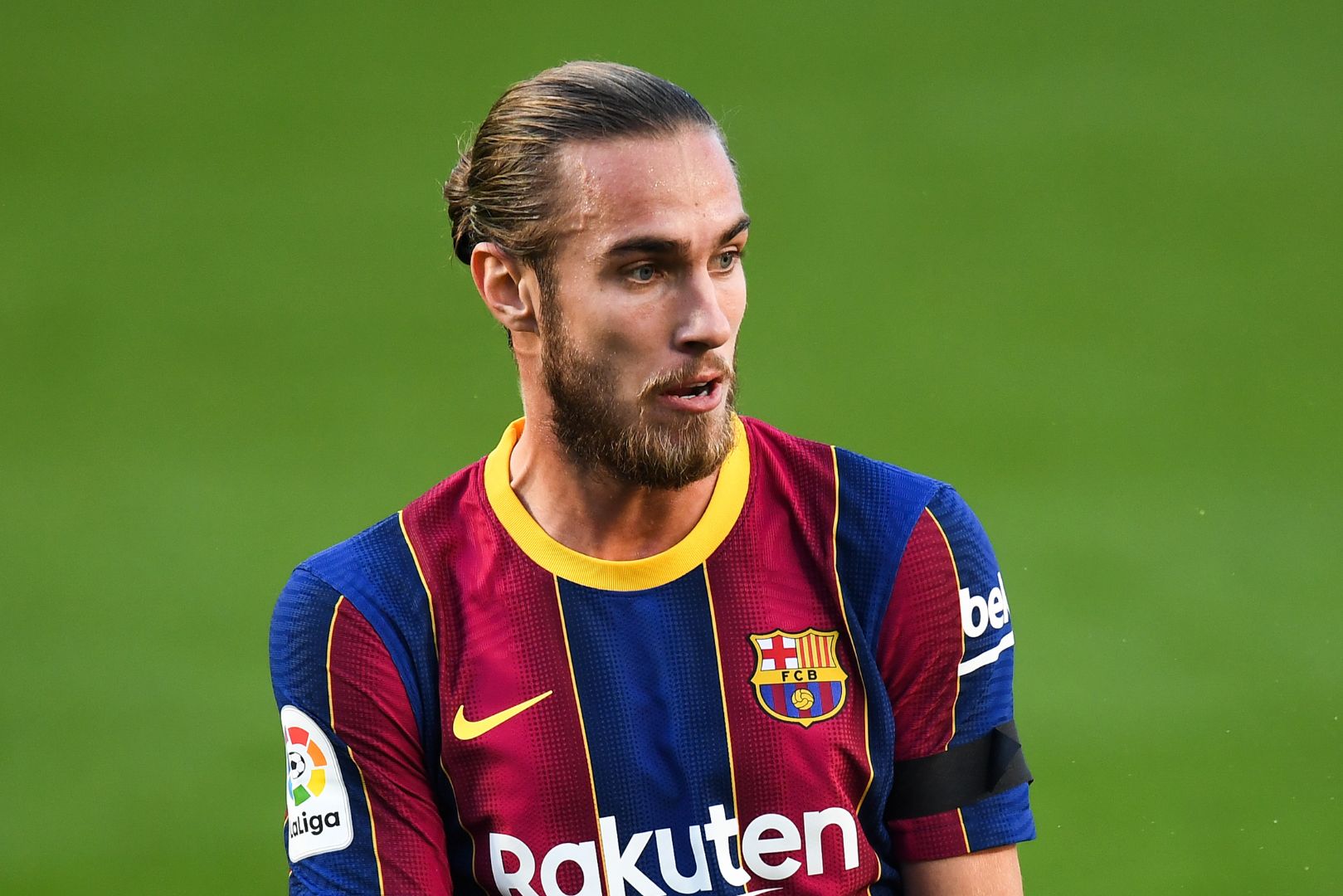 BARCELONA, SPAIN - NOVEMBER 29: Oscar Mingueza of FC Barcelona looks on during the La Liga Santander match between FC Barcelona and C.A. Osasuna at Camp Nou on November 29, 2020 in Barcelona, Spain.