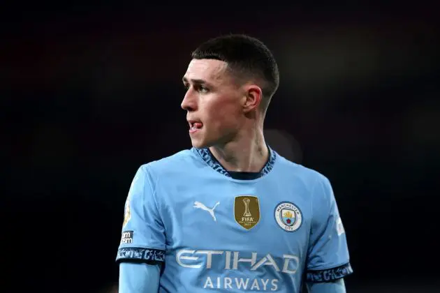 LONDON, ENGLAND - FEBRUARY 02: Phil Foden of Manchester City looks dejected during the Premier League match between Arsenal FC and Manchester City FC at Emirates Stadium on February 02, 2025 in London, England.