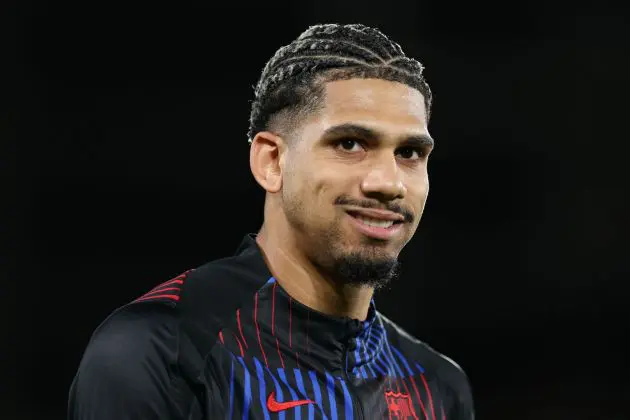 LAS PALMAS, SPAIN - FEBRUARY 22: Ronald Araujo of FC Barcelona reacts prior to the LaLiga match between UD Las Palmas and FC Barcelona at Estadio Gran Canaria on February 22, 2025 in Las Palmas, Spain.