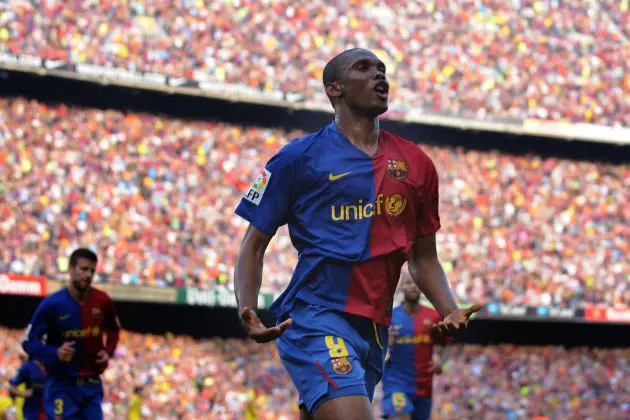 BARCELONA, SPAIN - MAY 10: Samuel Eto'o of Barcelona celebrates after scoring his team's second goal during the La Liga match between Barcelona and Villarreal at the Nou Camp stadium on May 10, 2009 in Barcelona, Spain.