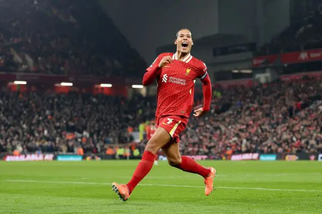 LIVERPOOL, ENGLAND - FEBRUARY 06: Virgil van Dijk of Liverpool celebrates scoring his team's fourth goal during the Carabao Cup Semi Final Second Leg match between Liverpool and Tottenham Hotspur at Anfield on February 06, 2025 in Liverpool, England.