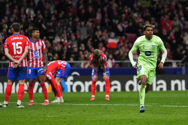 MADRID, SPAIN - MARCH 16: Lamine Yamal of FC Barcelona celebrates scoring his team's third goal during the La Liga EA Sports match between Atletico de Madrid and FC Barcelona at Riyadh Air Metropolitano on March 16, 2025 in Madrid, Spain.