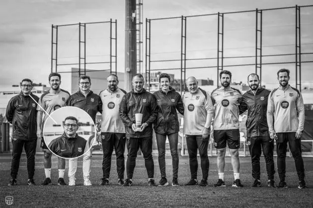 Dr. Carles Miñarro Garcia, FC Barcelona's first-team doctor, seen with fellow Barcelona staff members in a zoomed-in photo. Tragically, Dr. Miñarro Garcia passed away last night.