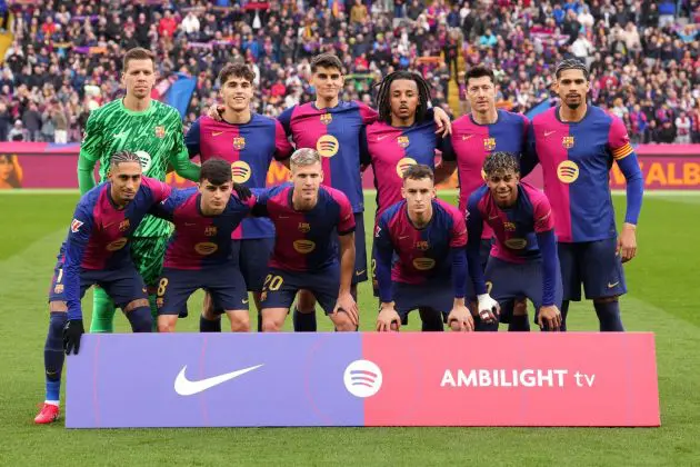 BARCELONA, SPAIN - MARCH 02: Players of FC Barcelona pose for a team photograph prior to the La Liga EA match between FC Barcelona and Real Sociedad at Estadi Olimpic Lluis Companys on March 02, 2025 in Barcelona, Spain.