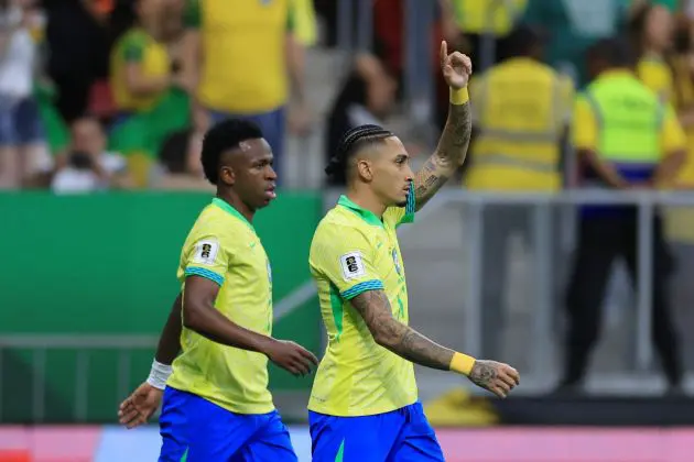 BRASILIA, BRAZIL - MARCH 20: Raphinha of Brazil celebrates after scoring the team's first goal via penalty during the South American FIFA World Cup 2026 Qualifier match between Brazil and Colombia at Mane Garrincha Stadium on March 20, 2025 in Brasilia, Brazil.