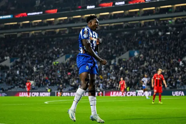 PORTO, PORTUGAL - DECEMBER 12: Samu Aghehowa of FC Porto celebrates his team second goal during the UEFA Europa League 2024/25 League Phase MD6 match between FC Porto and FC Midtjylland at Estadio do Dragao on December 12, 2024 in Porto, Portugal.