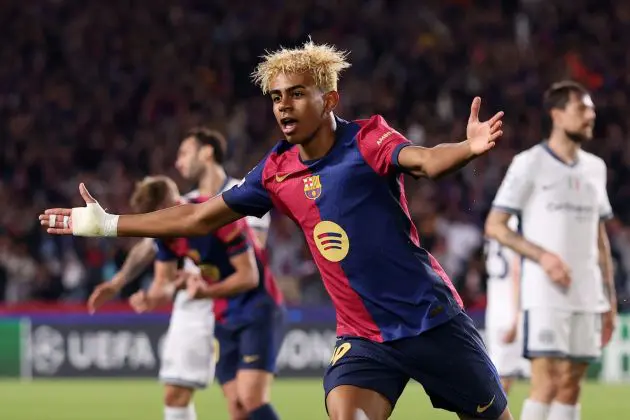BARCELONA, SPAIN - APRIL 30: Lamine Yamal of FC Barcelona celebrates scoring his team's first goal during the UEFA Champions League 2024/25 Semi Final First Leg match between FC Barcelona and FC Internazionale Milano at Estadi Olimpic Lluis Companys on April 30, 2025 in Barcelona, Spain.